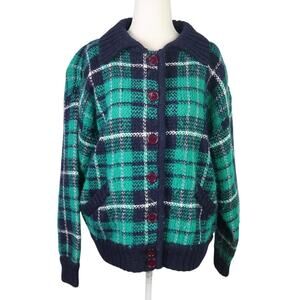 Vintage 80s Marisa Christina Green and Navy Blue Plaid Mohair Cardigan Sweater L